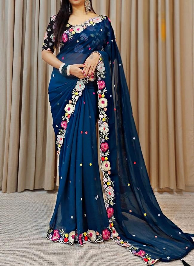 Faux Georgette Navy Blue Traditional Wear Embroidery Work Saree